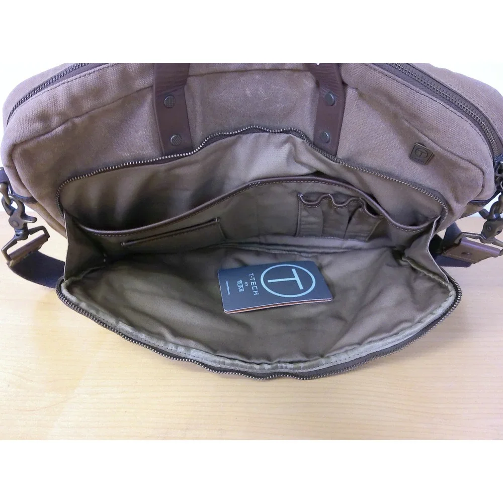 Tumi T-Tech Waxed Canvas Messenger Bag Briefcase Khaki Brown Leather Trim